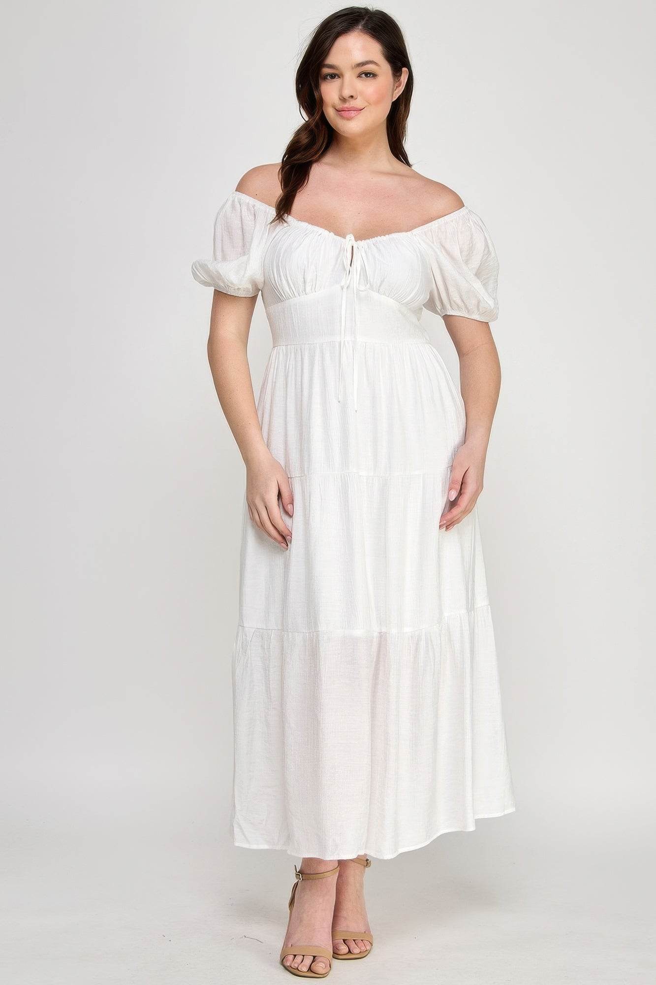 Front Tie Puff Sleeve Tiered Maxi Dress in White – Plus Size Elegance | Rosa Apparel - Rosa Apparel