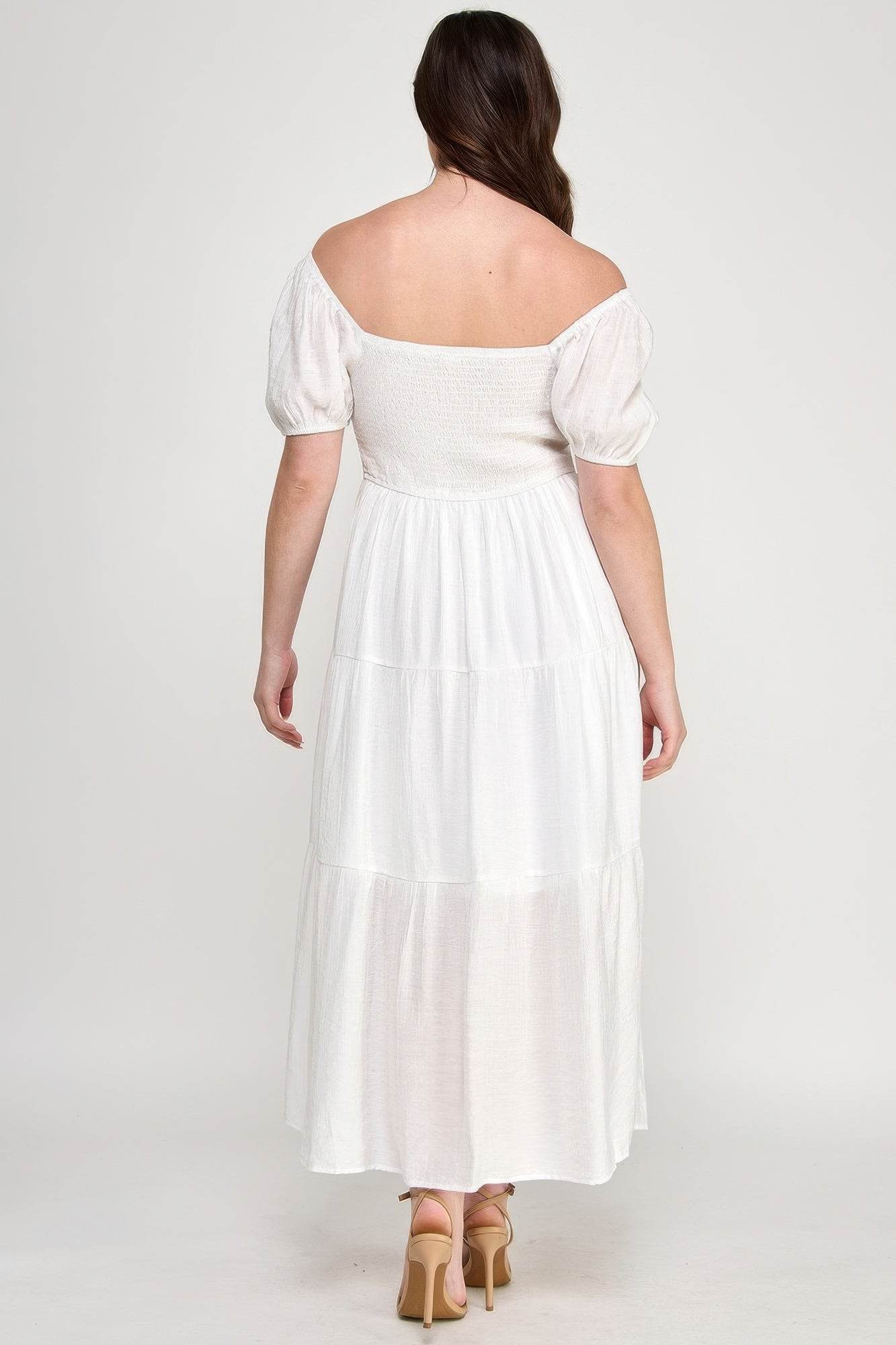 Front Tie Puff Sleeve Tiered Maxi Dress in White – Plus Size Elegance | Rosa Apparel - Rosa Apparel