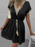 Full Size Tassel V-Neck Short Sleeve Dress Plus Size - Rosa Apparel
