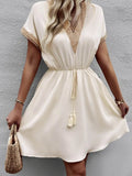 Full Size Tassel V-Neck Short Sleeve Dress Plus Size - Rosa Apparel