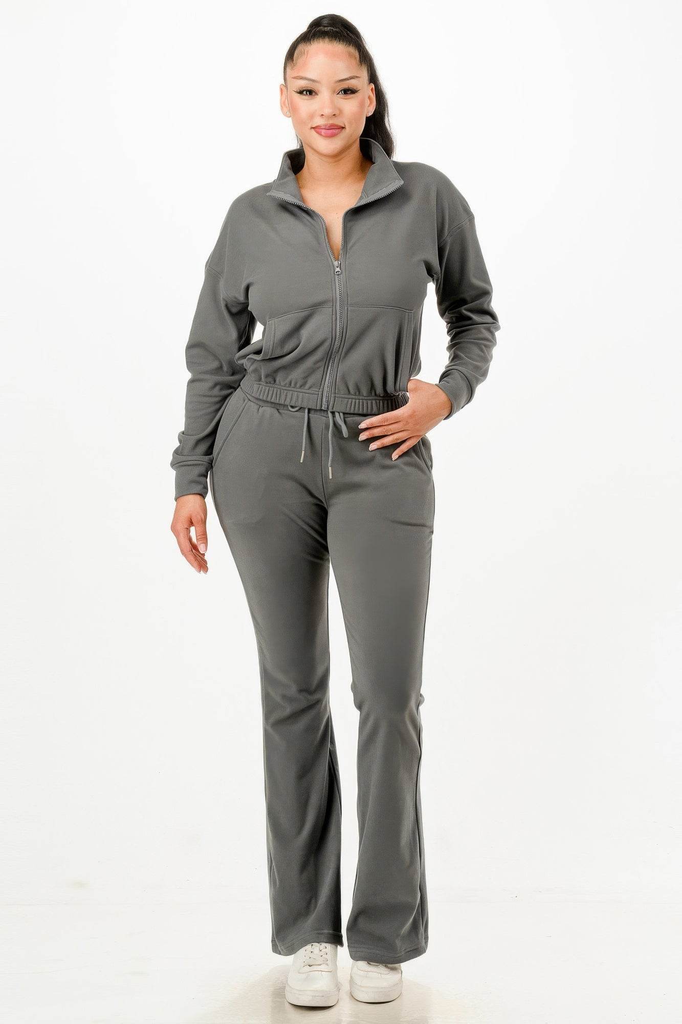 Grey Soft Zip-Up Tracksuit Set – Women’s Two-Piece Loungewear - Rosa Apparel