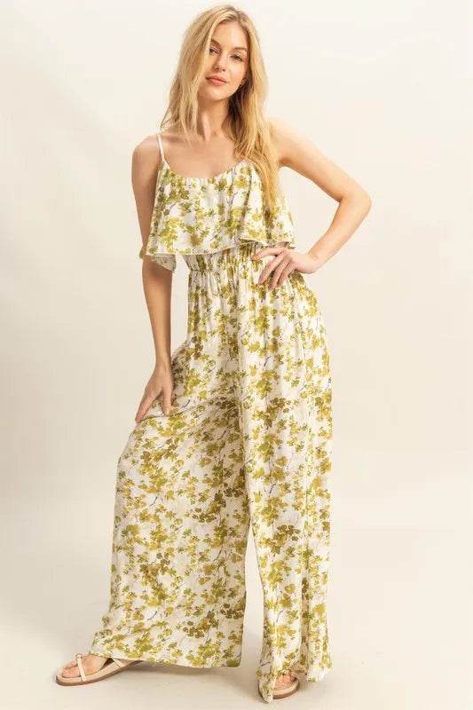 HYFVE Floral Print Spaghetti Strap Wide Leg Jumpsuit - Rosa Apparel