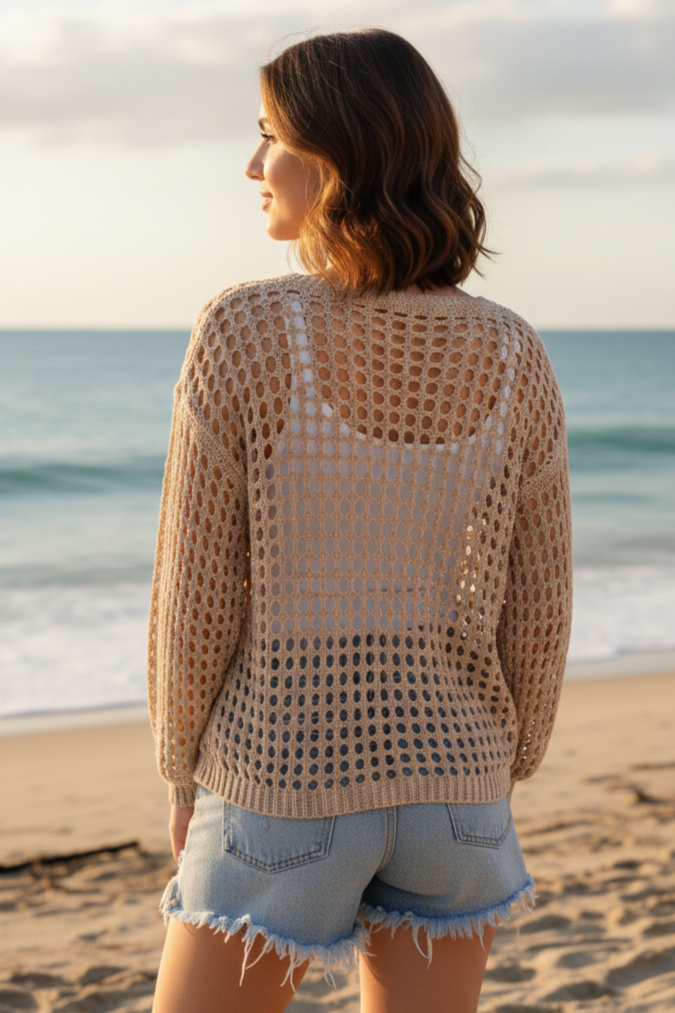 Miss Sparkling Openwork V-Neck Puff Sleeve Knit Sweater