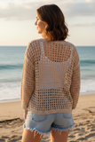 Miss Sparkling Openwork V-Neck Puff Sleeve Knit Sweater