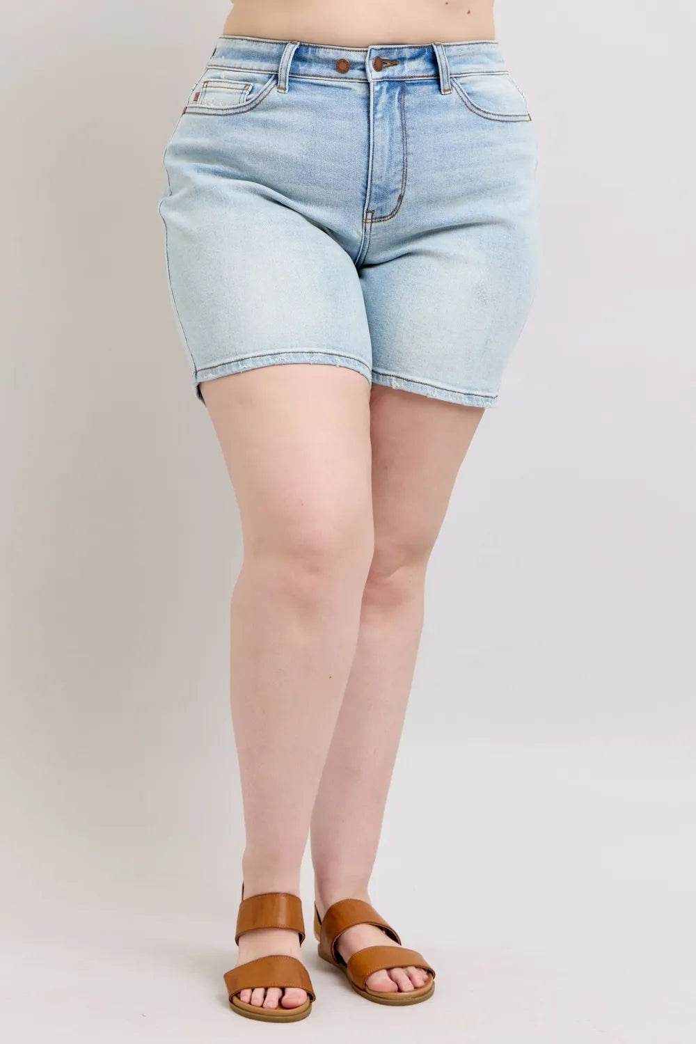 Judy Blue Full Size 2 Button Denim Shorts with Pockets Plus Size - Rosa Apparel