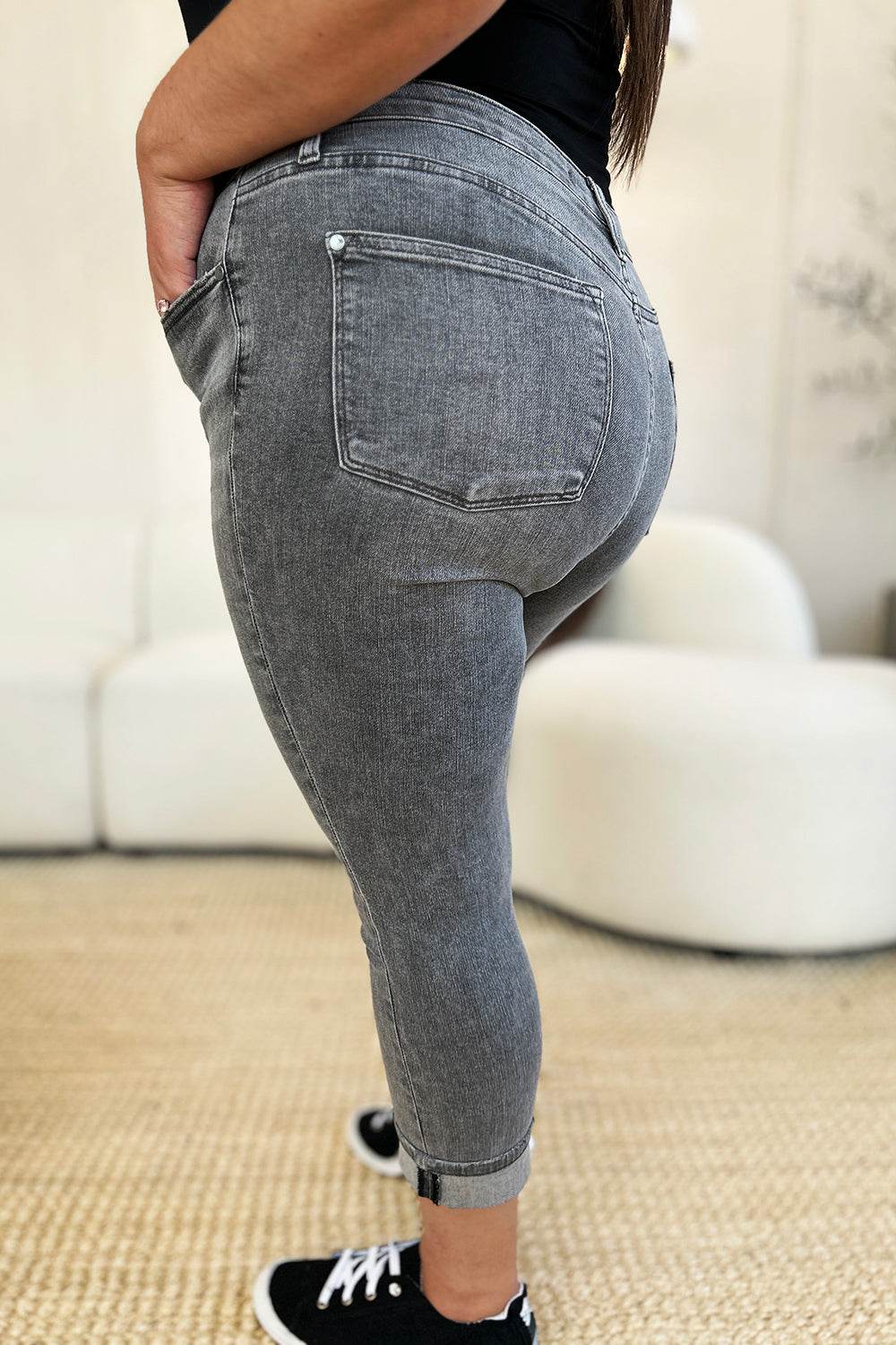 Judy Blue Full Size Button Fly High Waist Cuffed Capris - Rosa Apparel