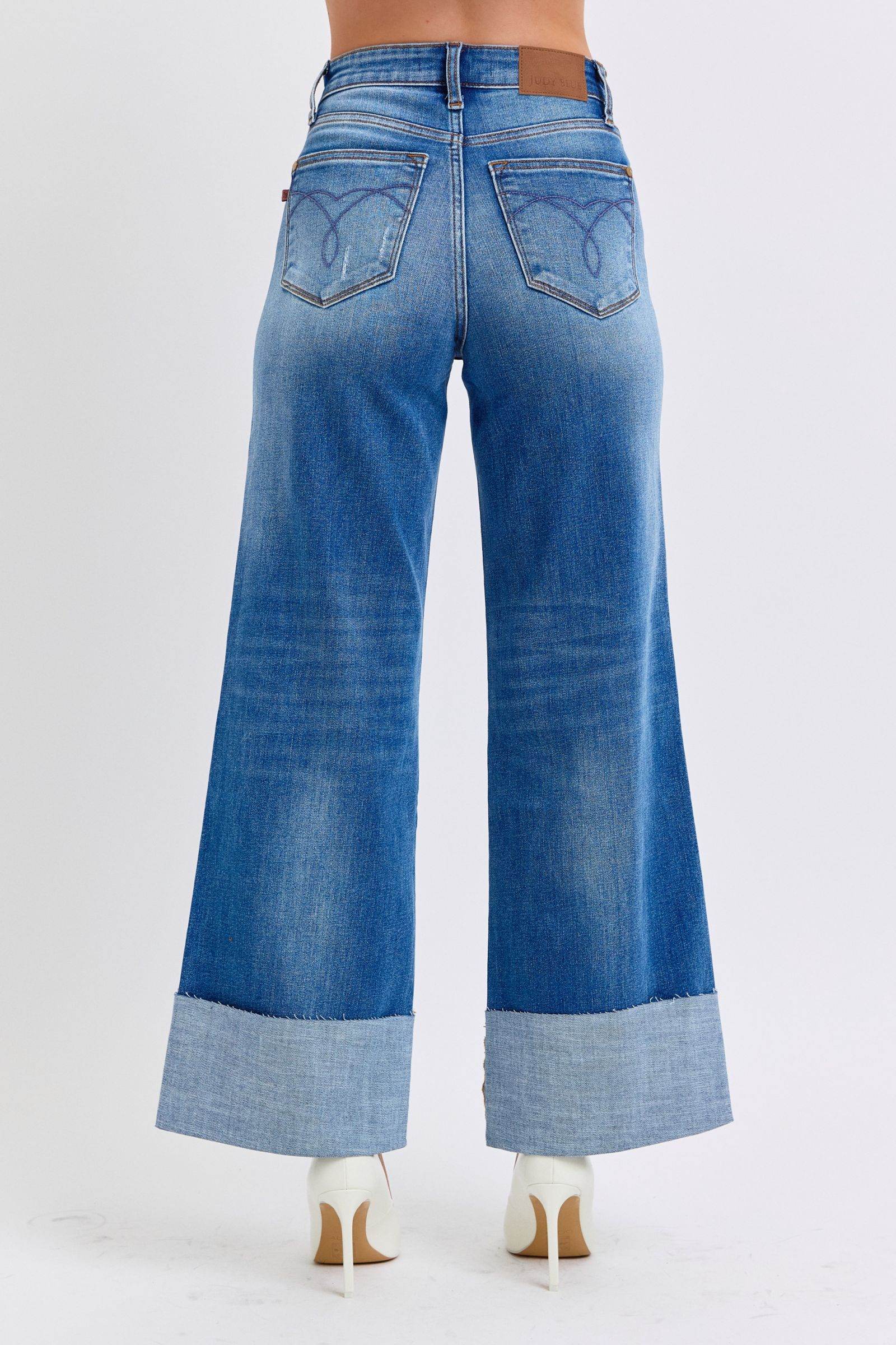 Judy Blue Full Size Distressed High Waist Wide Leg Jeans - Rosa Apparel
