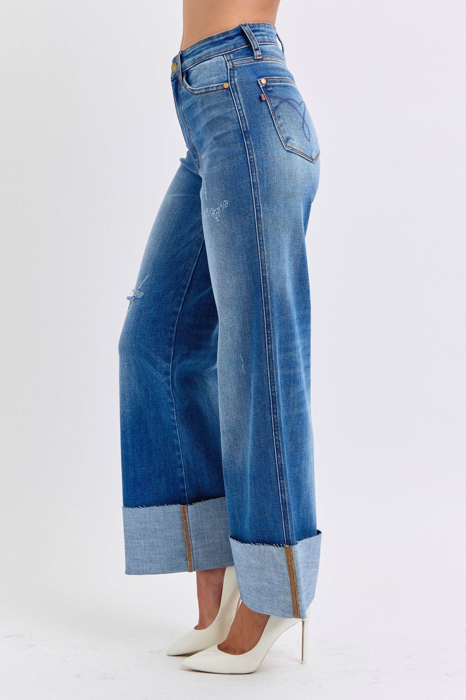 Judy Blue Full Size Distressed High Waist Wide Leg Jeans - Rosa Apparel