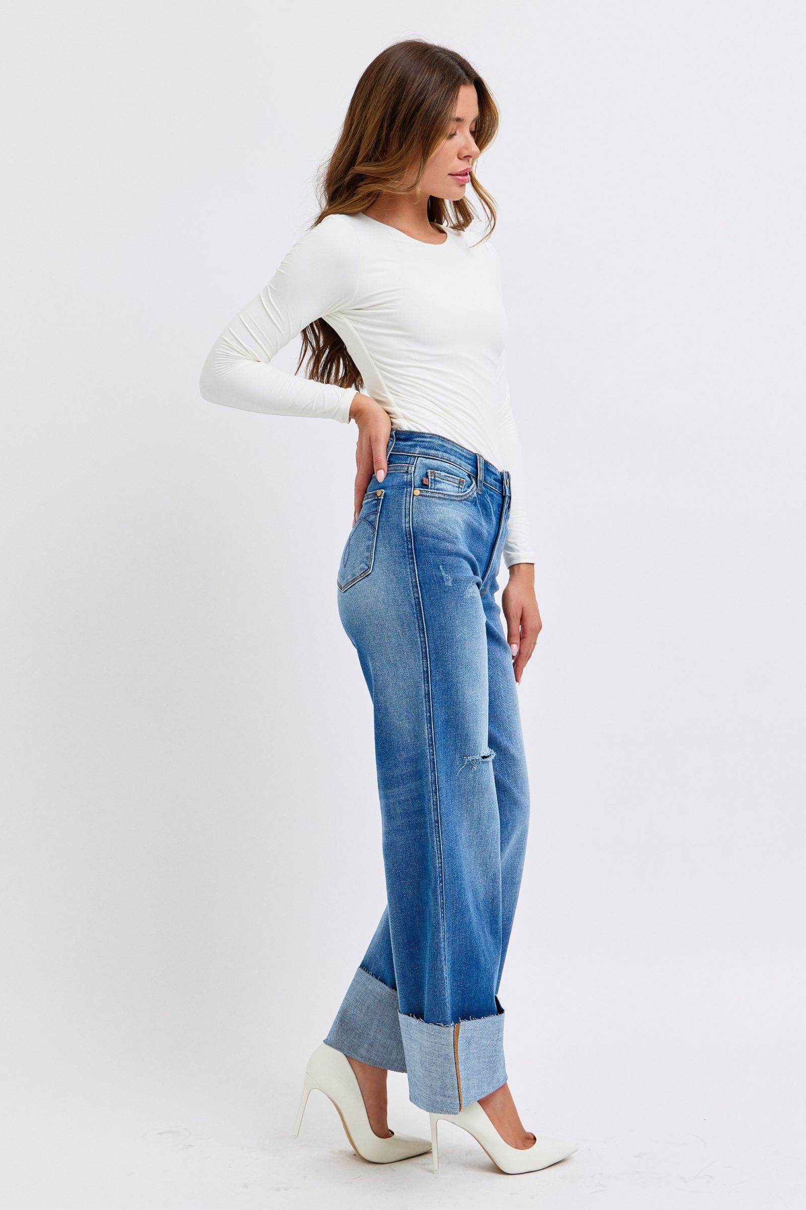 Judy Blue Full Size Distressed High Waist Wide Leg Jeans - Rosa Apparel
