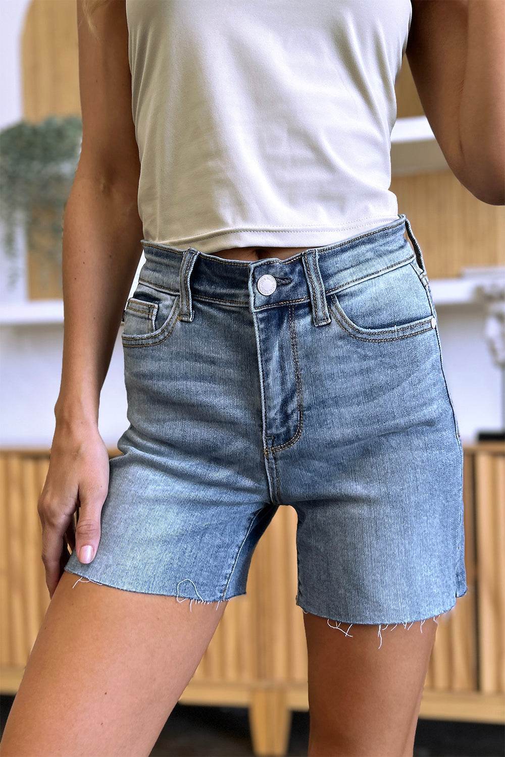 Judy Blue Full Size High Waist Raw Hem Denim Casual Jean Shorts Style #: 15251 - Rosa Apparel