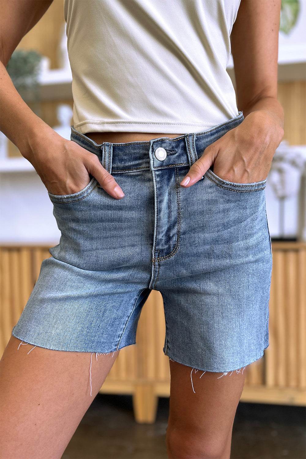 Judy Blue Full Size High Waist Raw Hem Denim Casual Jean Shorts Style #: 15251 - Rosa Apparel