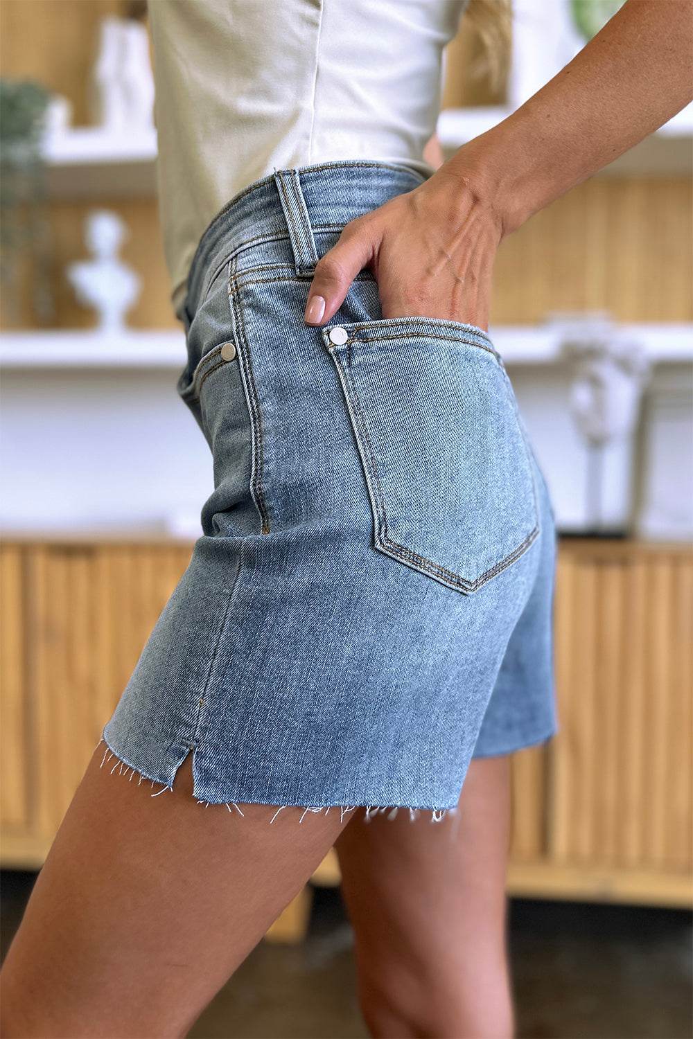 Judy Blue Full Size High Waist Raw Hem Denim Casual Jean Shorts Style #: 15251 - Rosa Apparel