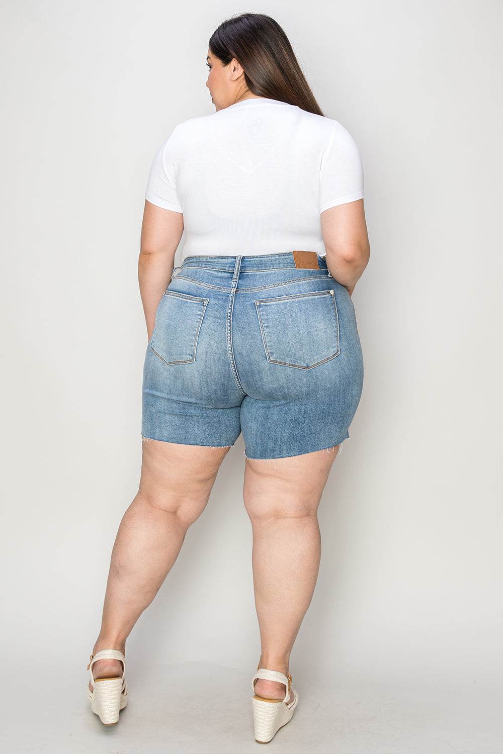 Judy Blue Full Size High Waist Raw Hem Denim Casual Jean Shorts Style #: 15251 - Rosa Apparel