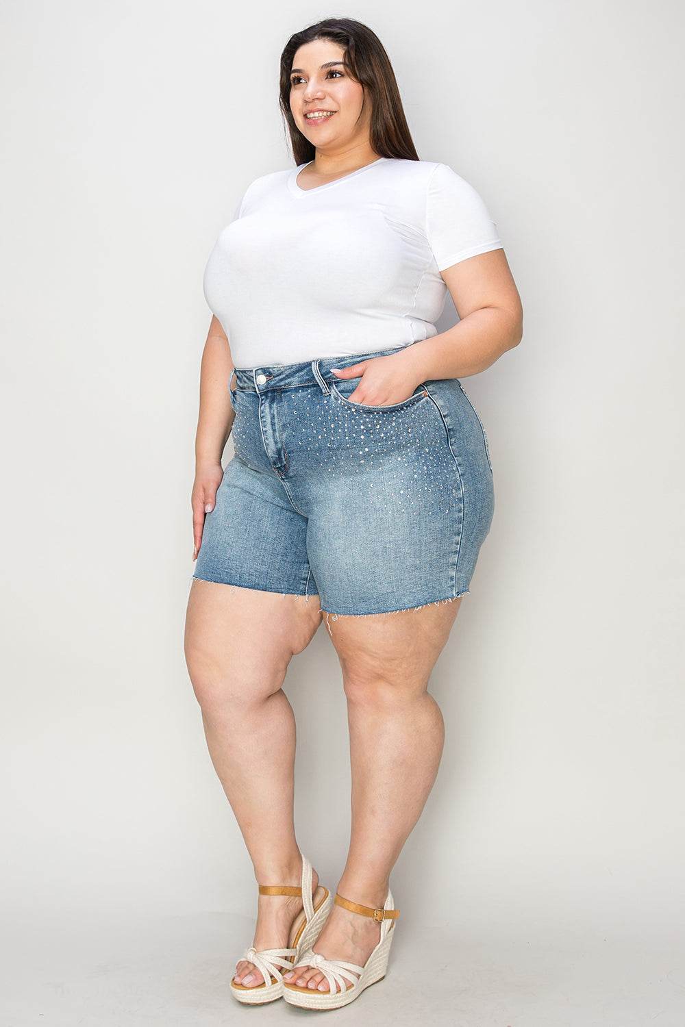 Judy Blue Full Size High Waist Raw Hem Denim Casual Jean Shorts Style #: 15251 - Rosa Apparel