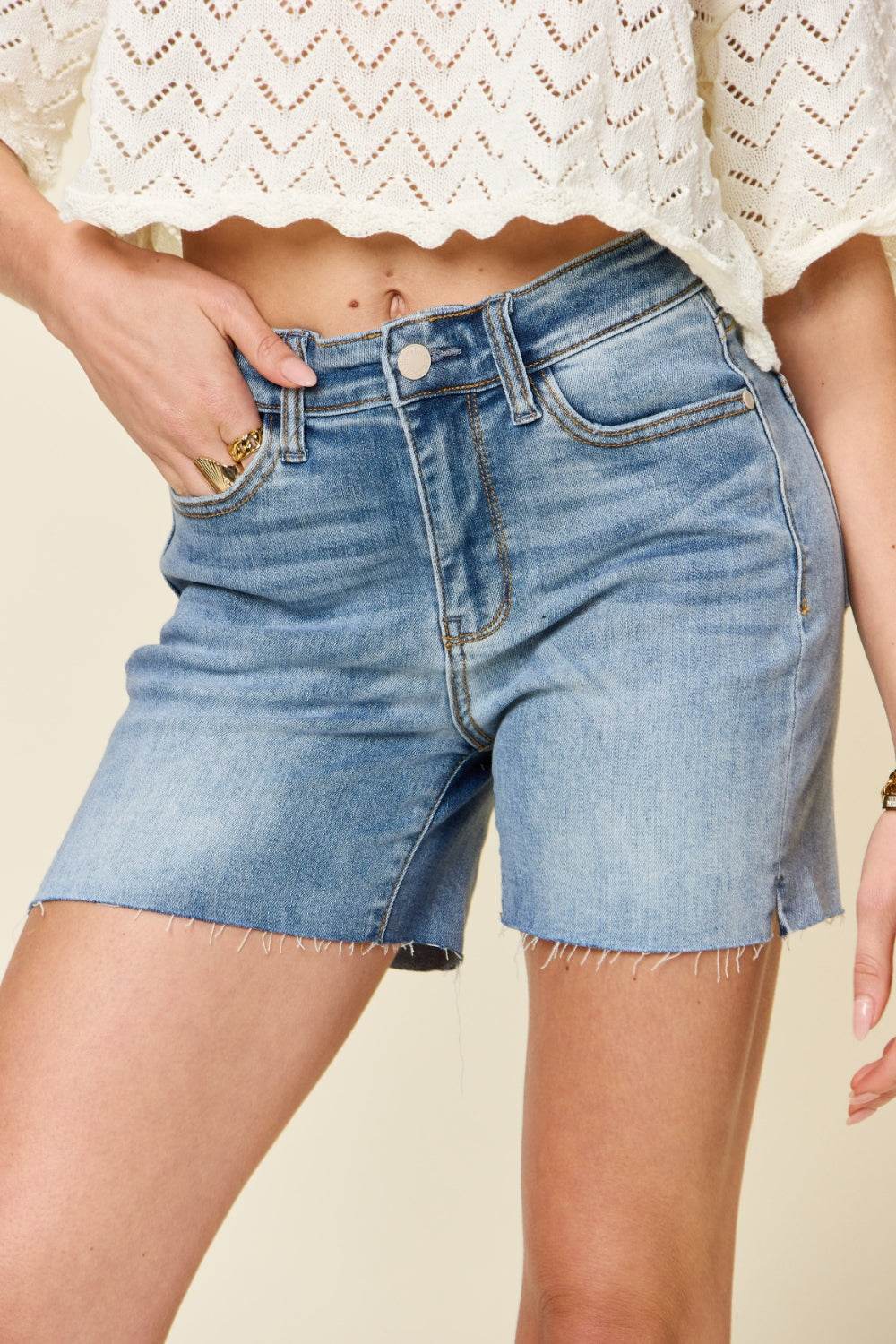 Judy Blue Full Size High Waist Raw Hem Denim Casual Jean Shorts Style #: 15251 - Rosa Apparel