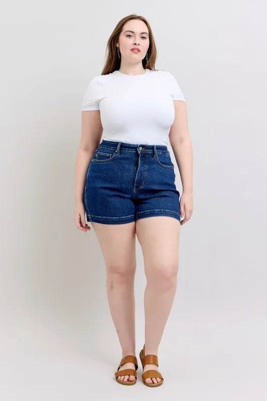 Judy Blue Full Size High Waist Tummy Control Denim Shorts Plus Size - Rosa Apparel