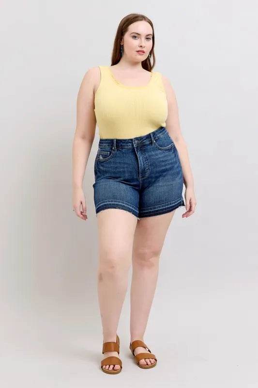 Judy Blue Full Size High Waist Tummy Control Destroy Release Hem Denim Shorts Plus Size - Rosa Apparel
