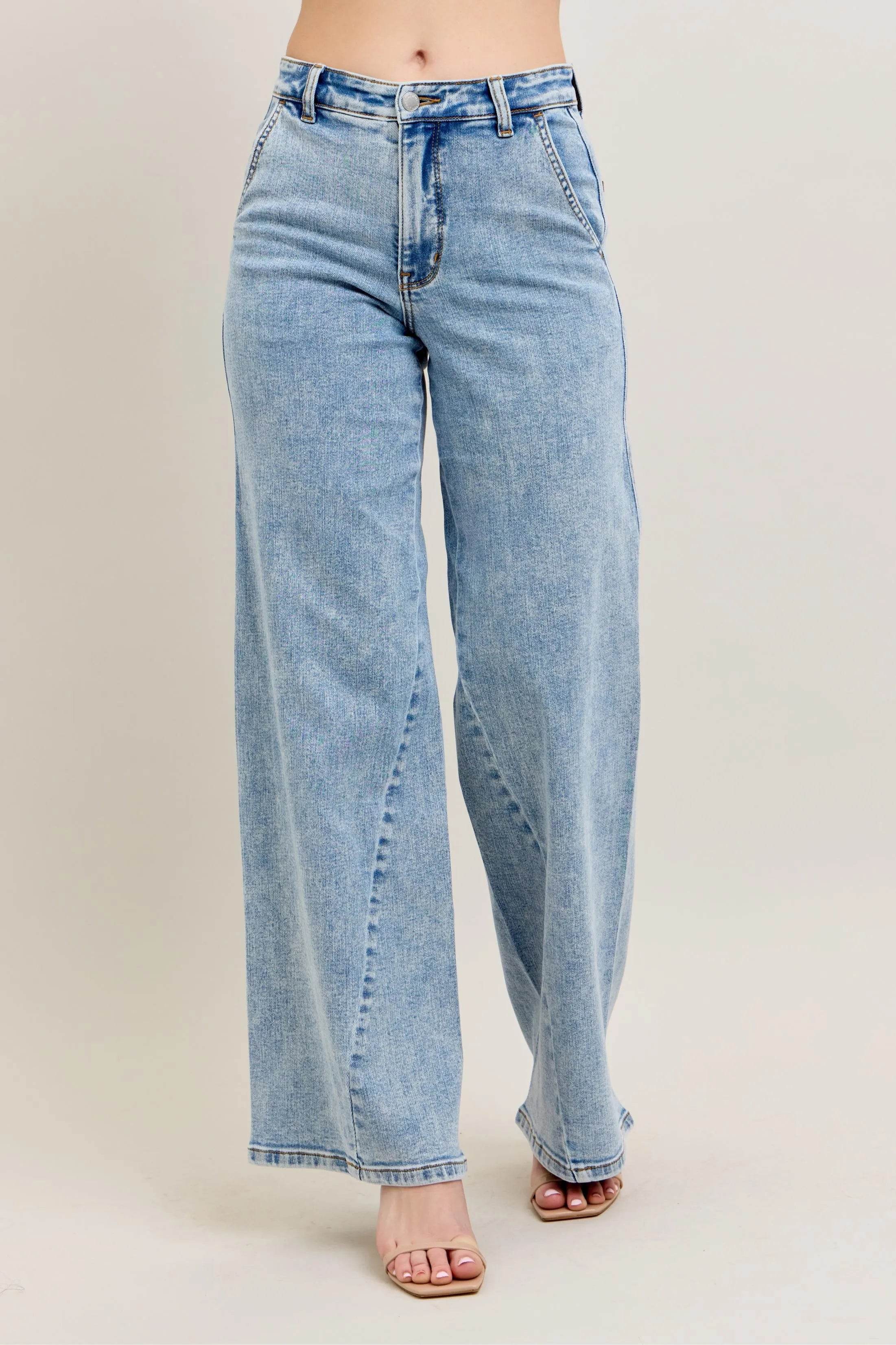 Judy Blue Full Size High Waist Wide Leg Jeans with Skewed Inseam - Rosa Apparel