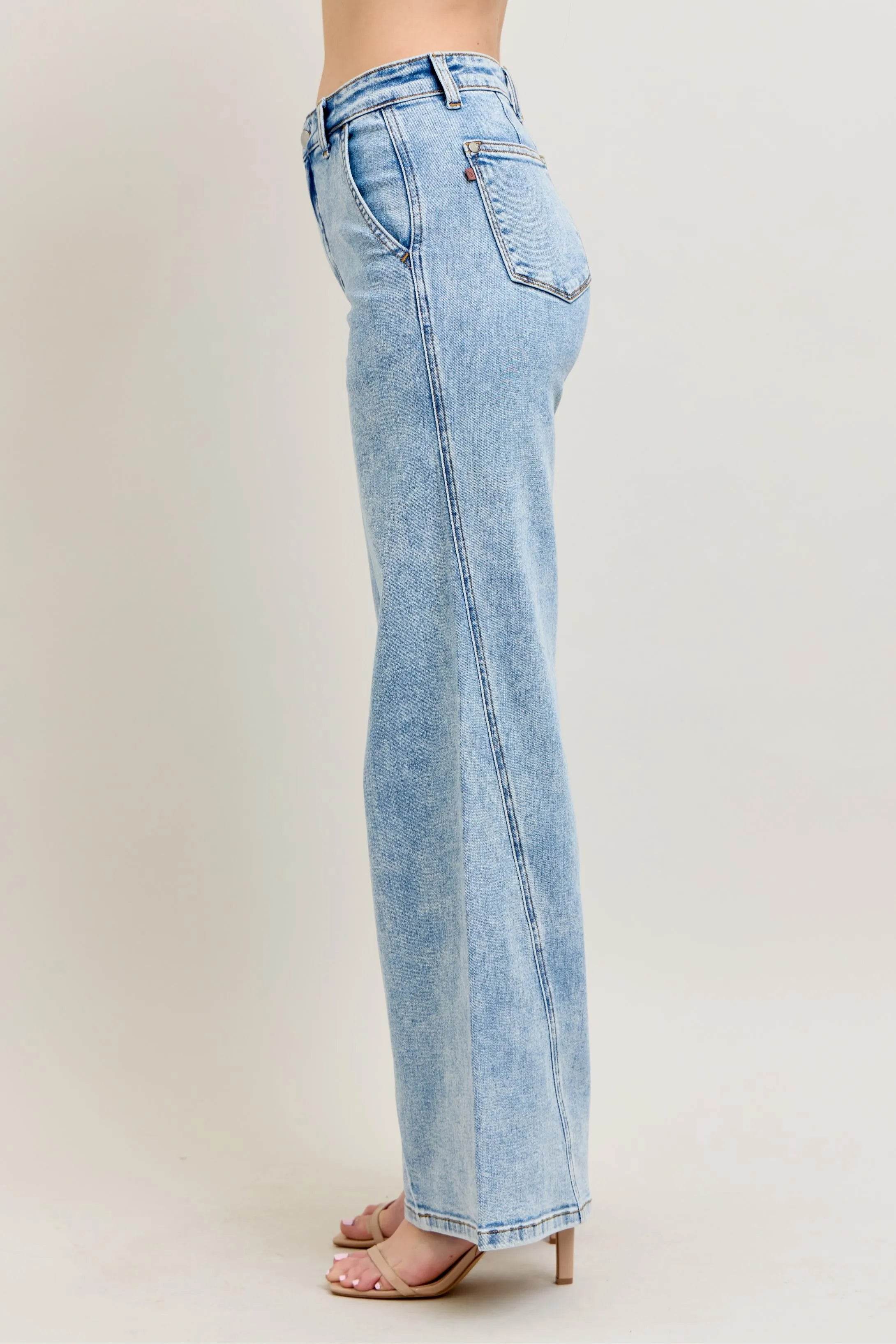 Judy Blue Full Size High Waist Wide Leg Jeans with Skewed Inseam - Rosa Apparel