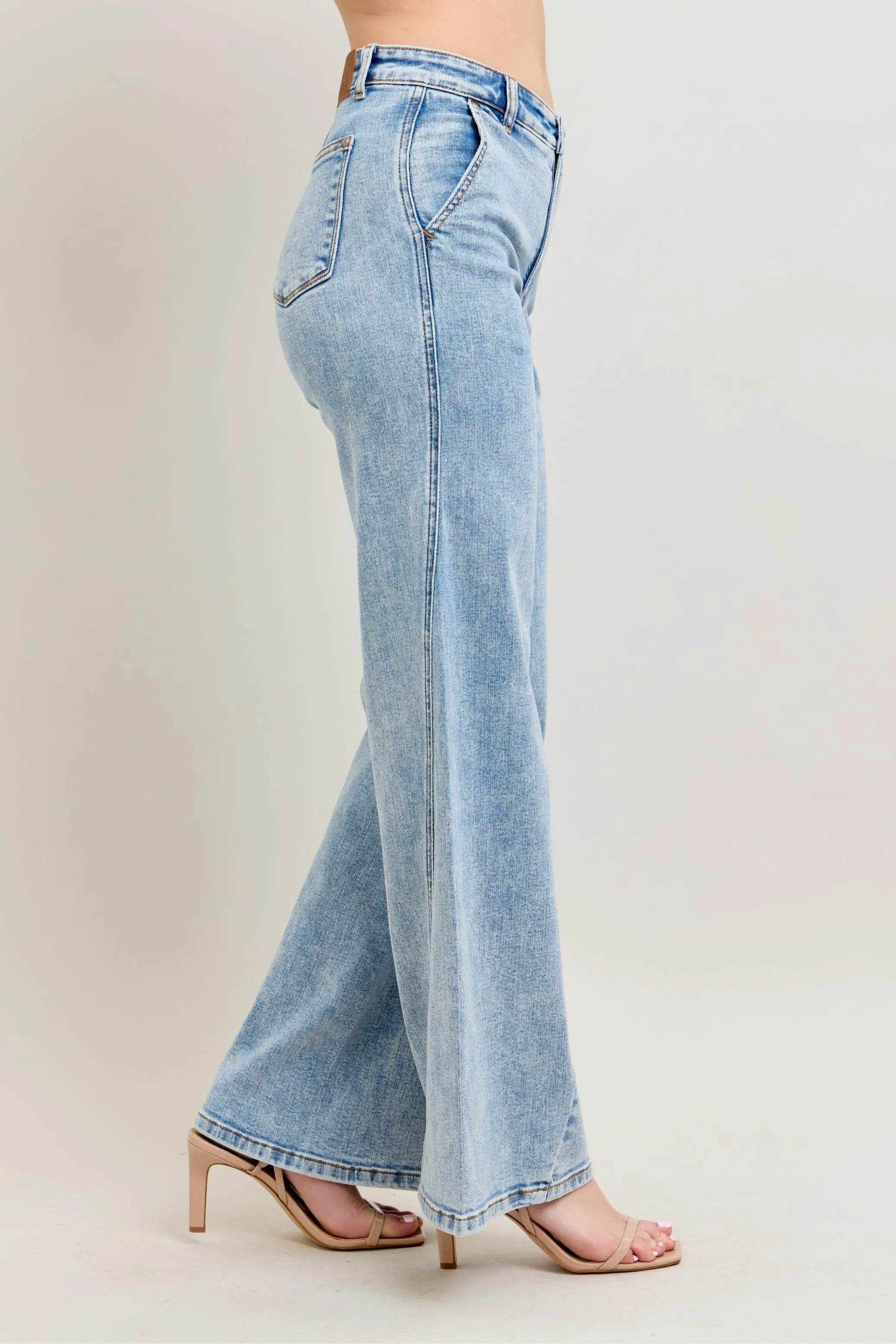 Judy Blue Full Size High Waist Wide Leg Jeans with Skewed Inseam - Rosa Apparel