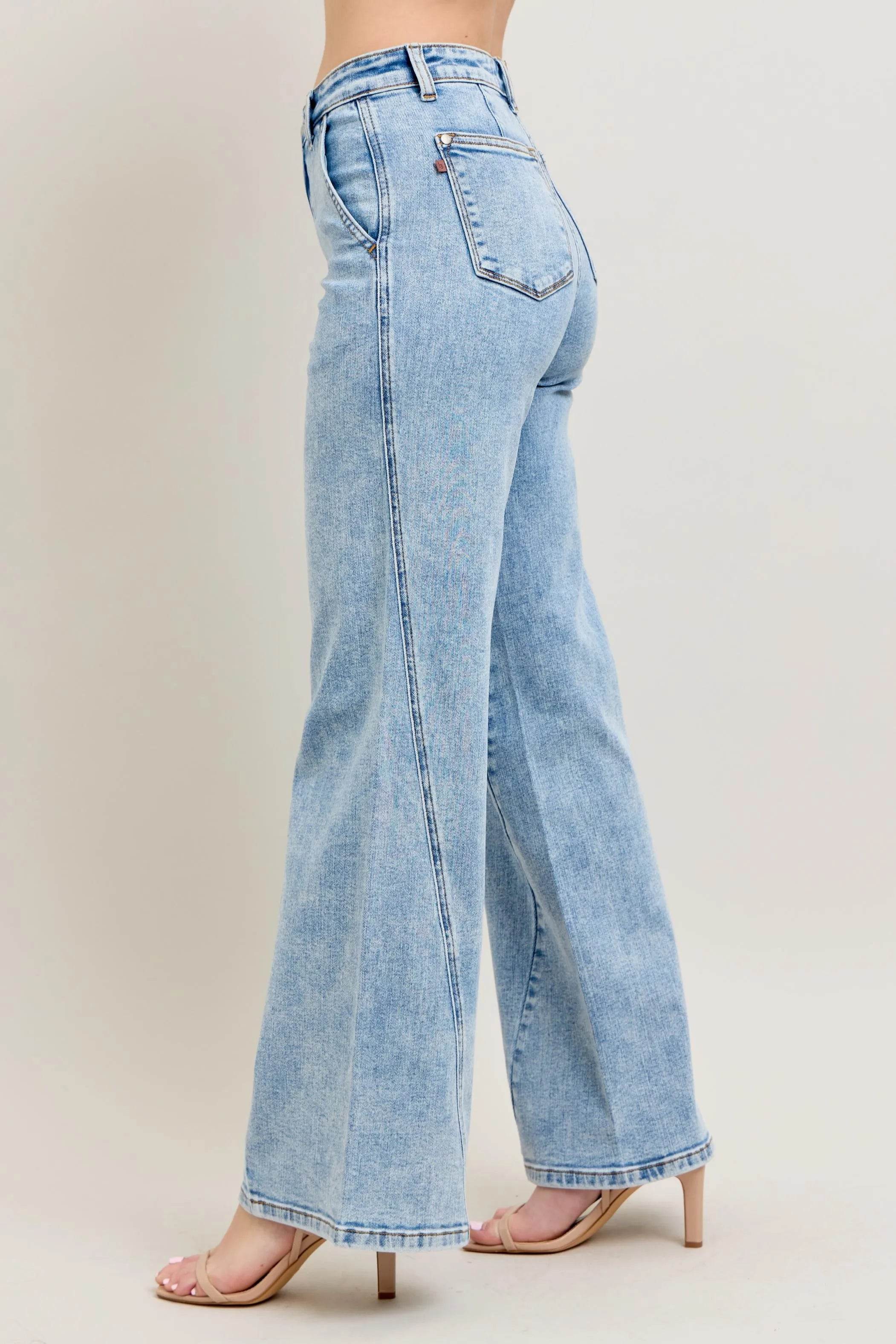 Judy Blue Full Size High Waist Wide Leg Jeans with Skewed Inseam - Rosa Apparel