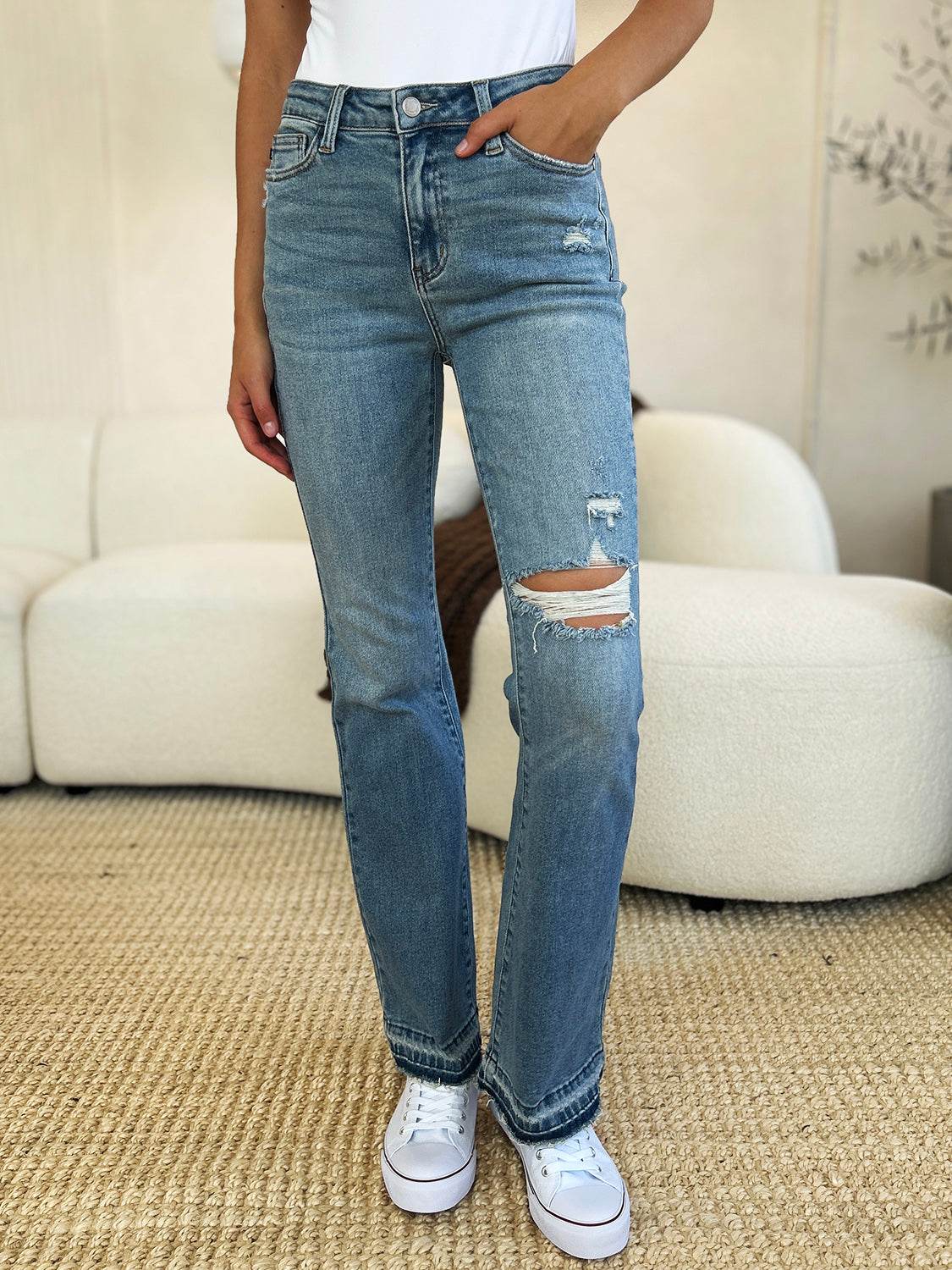 Judy Blue Full Size Mid Rise Destroyed Hem Distressed Jeans Style 88632 - Rosa Apparel