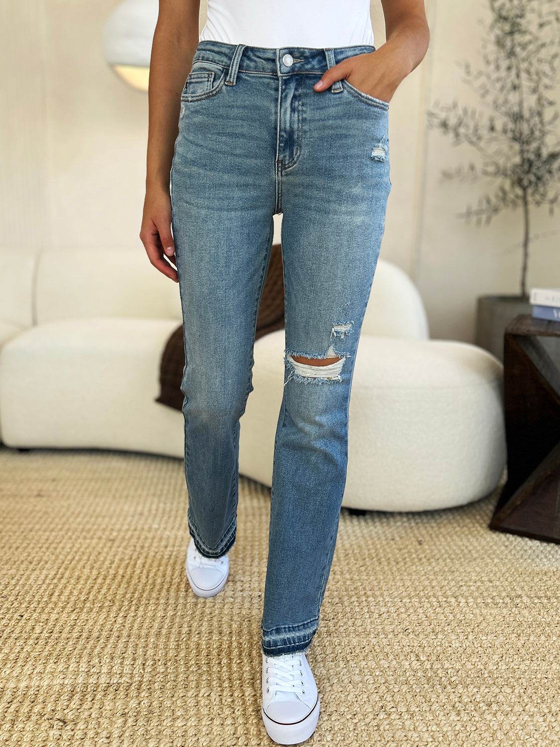 Judy Blue Full Size Mid Rise Destroyed Hem Distressed Jeans Style 88632 - Rosa Apparel