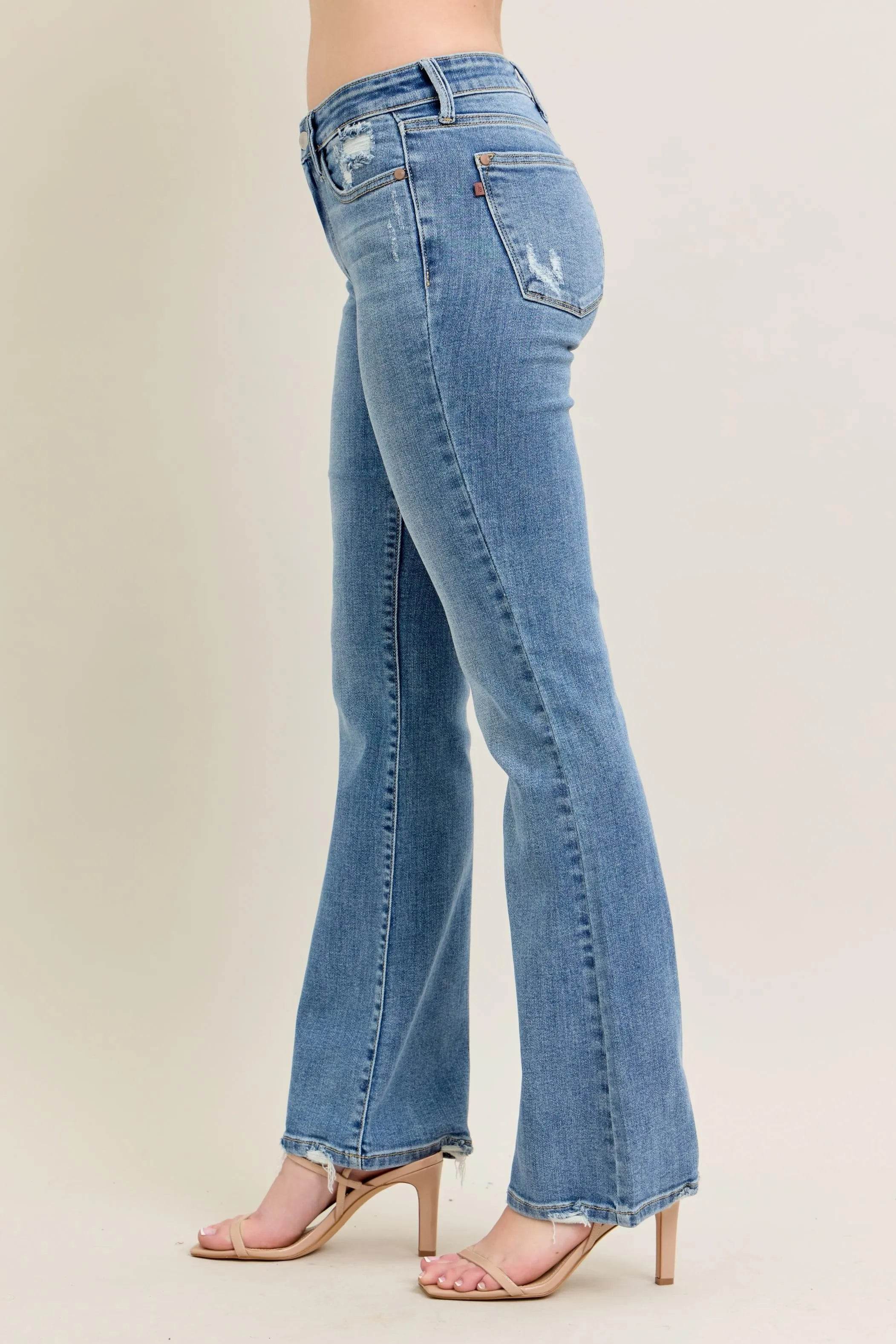 Judy Blue Full Size Mid Rise Wash Destroy Hem Bootcut Jeans Plus Size - Rosa Apparel