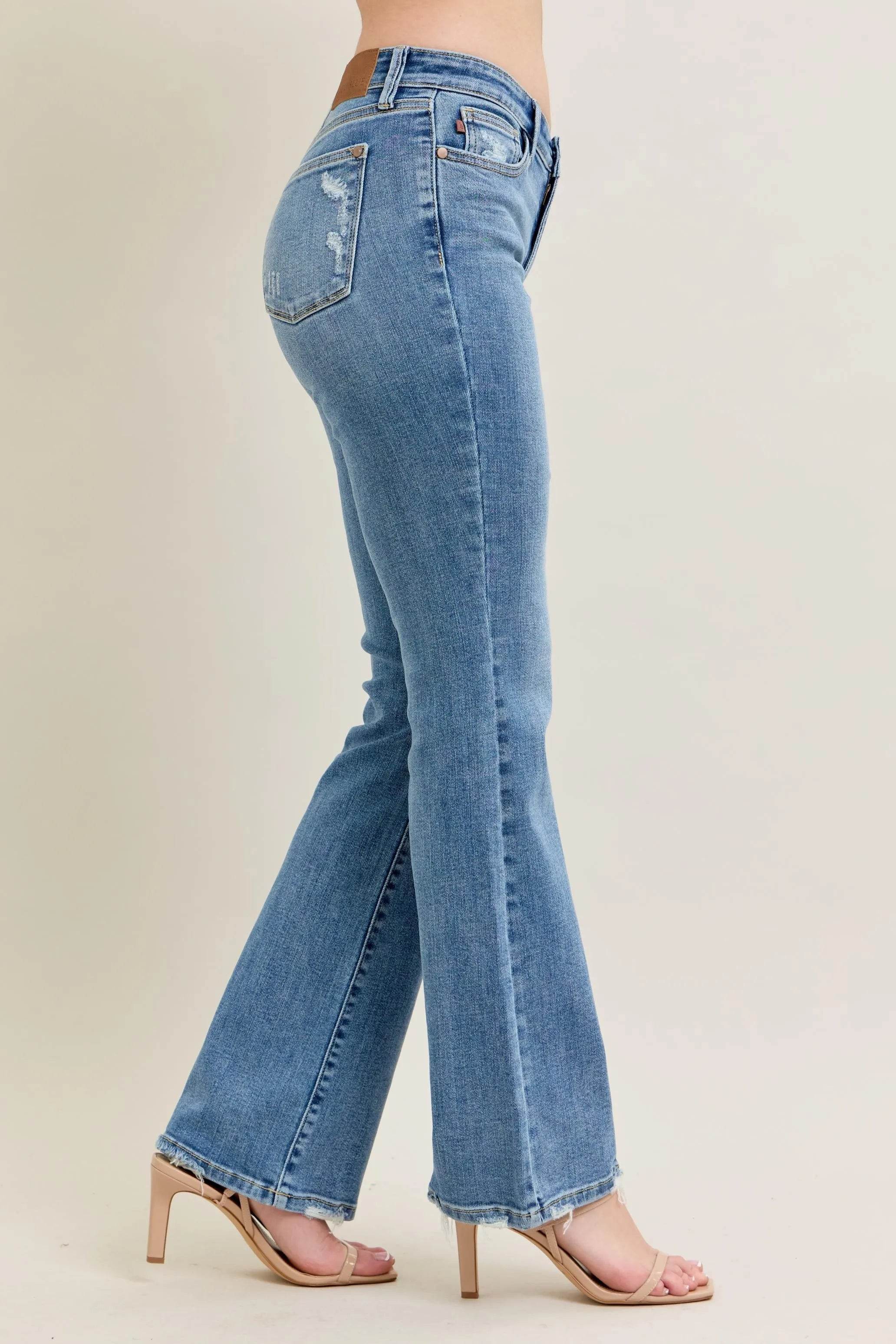 Judy Blue Full Size Mid Rise Wash Destroy Hem Bootcut Jeans Plus Size - Rosa Apparel