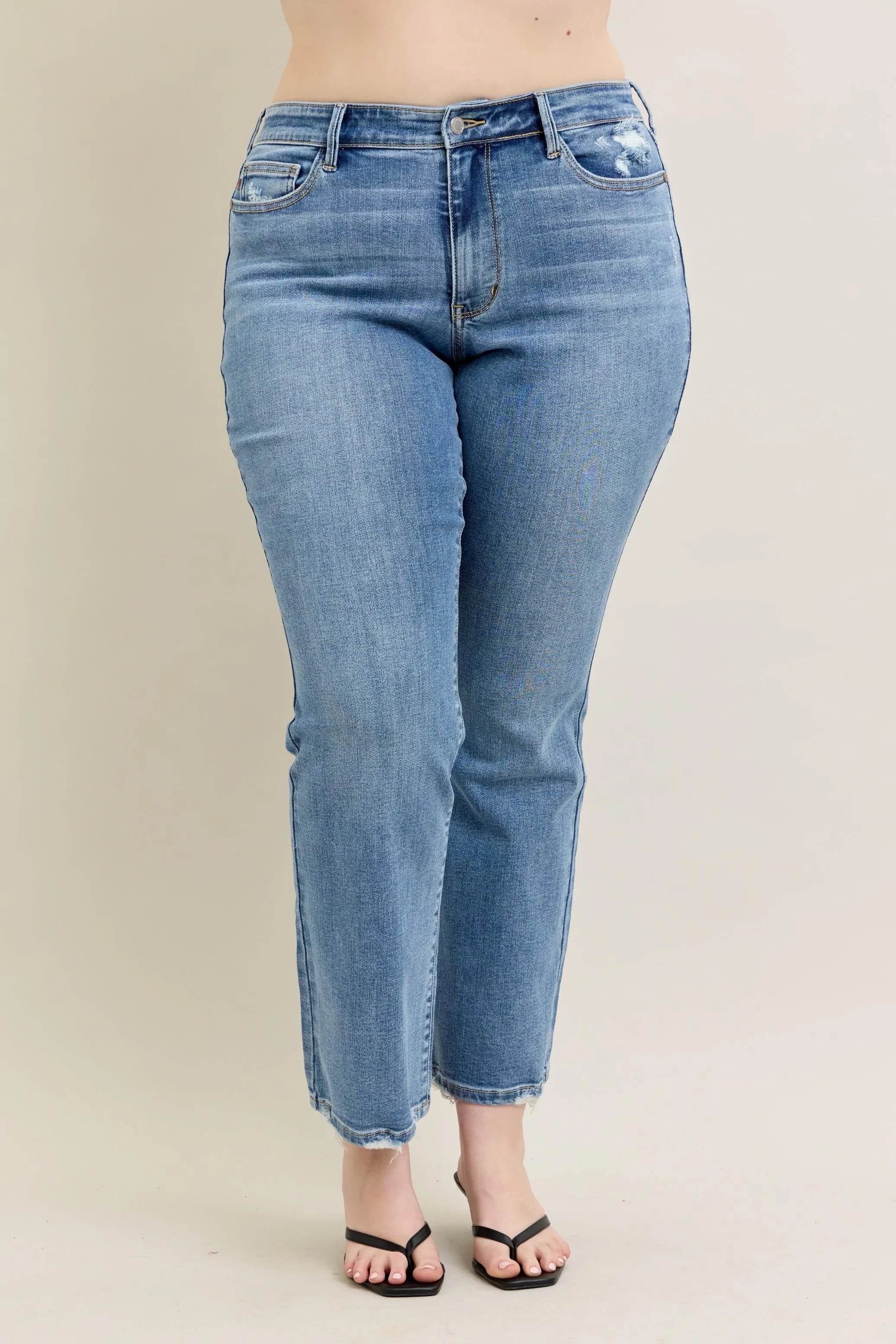 Judy Blue Full Size Mid Rise Wash Destroy Hem Bootcut Jeans Plus Size - Rosa Apparel