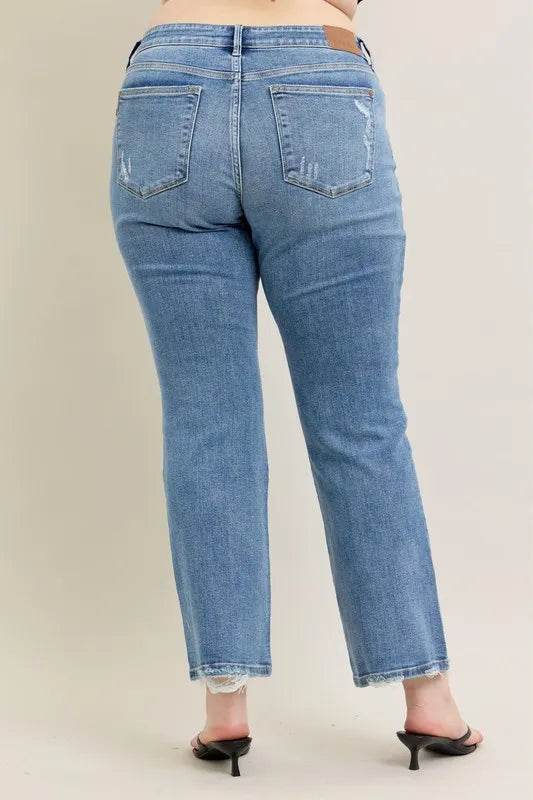 Judy Blue Full Size Mid Rise Wash Destroy Hem Bootcut Jeans Plus Size - Rosa Apparel