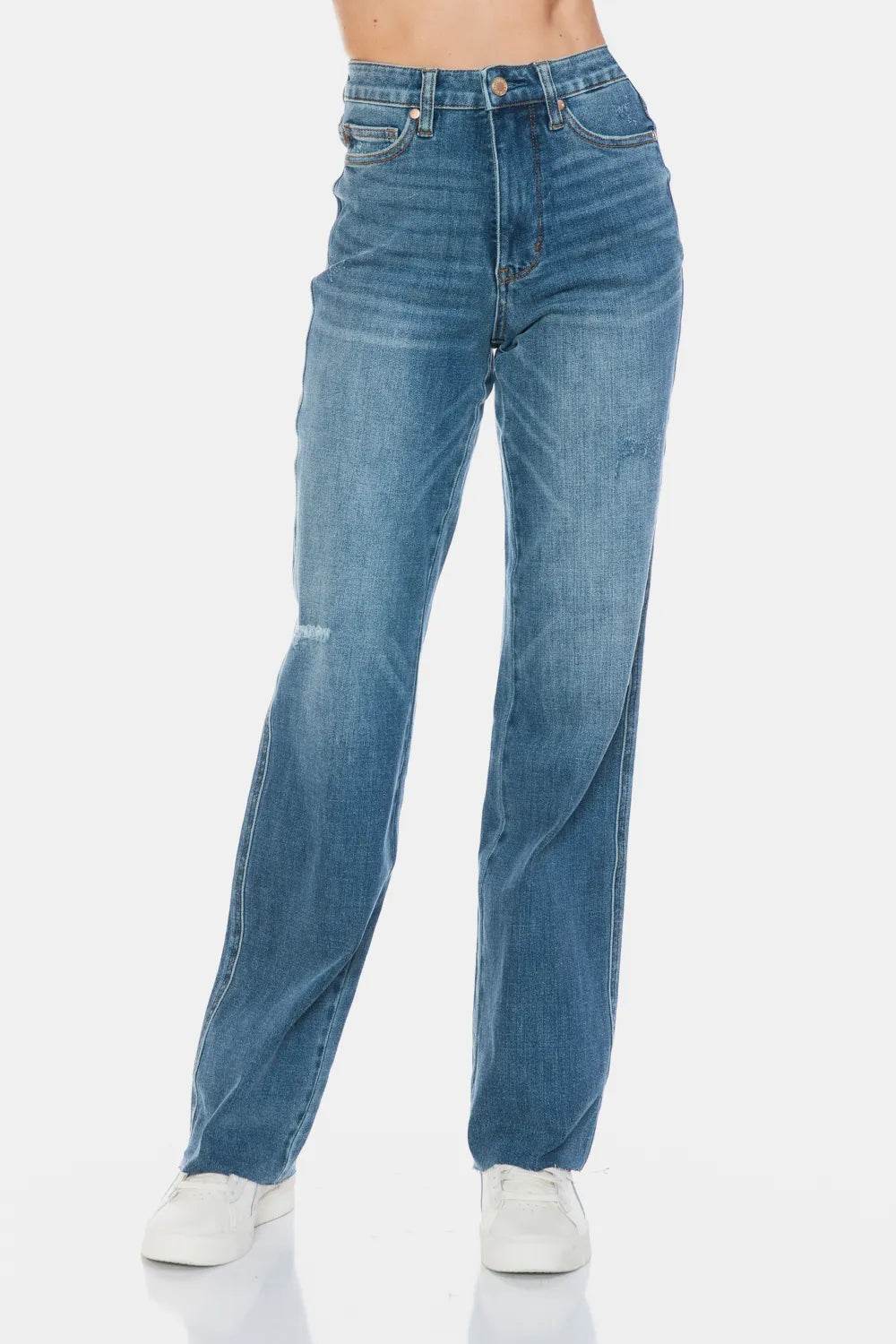 Judy Blue Full Size Tummy Control Cut Raw Hem Straight Jeans 88848 - Rosa Apparel
