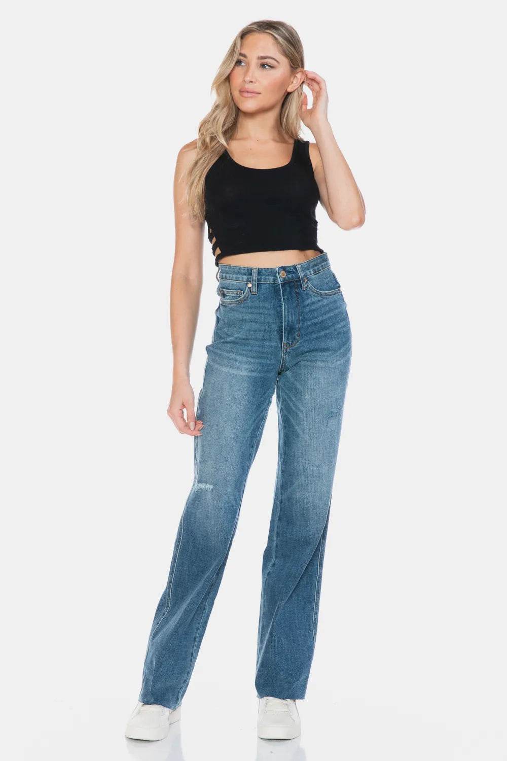 Judy Blue Full Size Tummy Control Cut Raw Hem Straight Jeans 88848 - Rosa Apparel