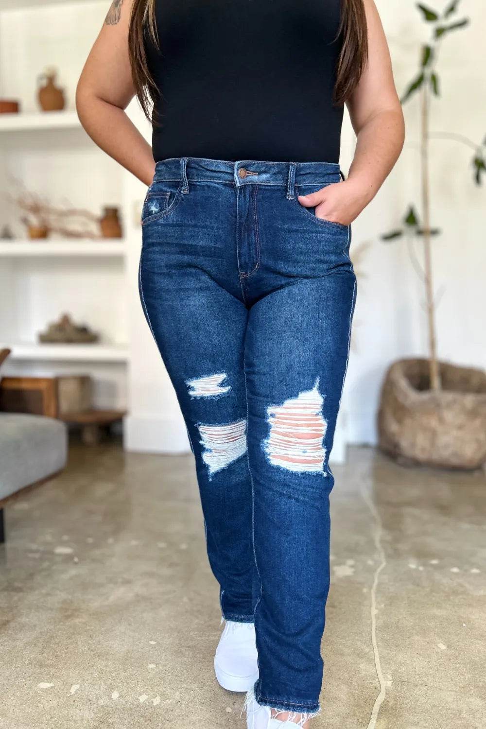 Judy Blue High Waist Rigid Magic Heavy Destroy Straight Jeans 88819 - Rosa Apparel