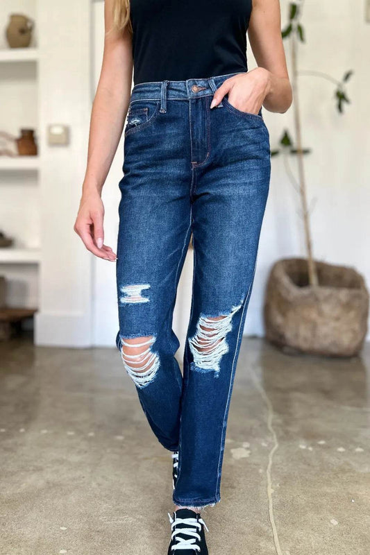 Judy Blue High Waist Rigid Magic Heavy Destroy Straight Jeans 88819 - Rosa Apparel