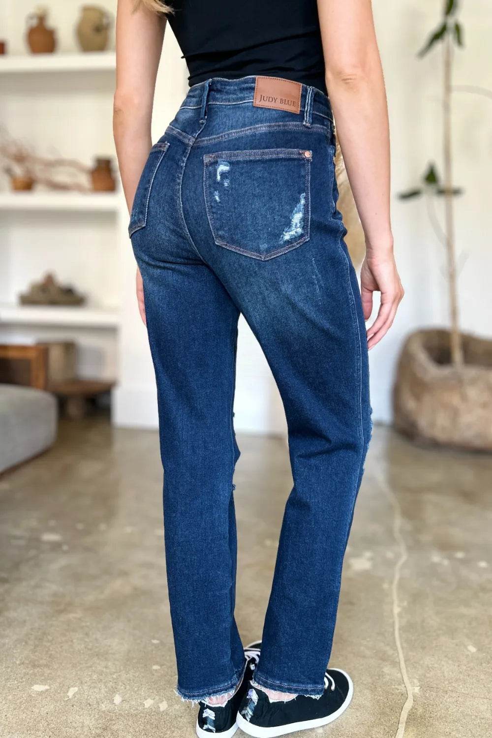 Judy Blue High Waist Rigid Magic Heavy Destroy Straight Jeans 88819 - Rosa Apparel
