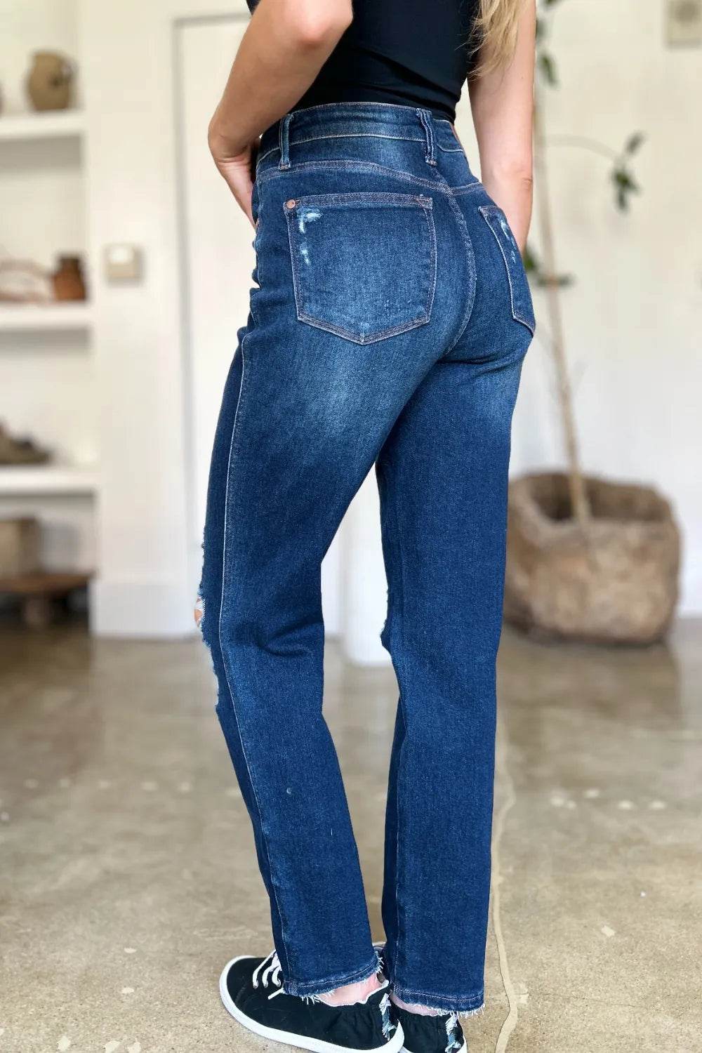 Judy Blue High Waist Rigid Magic Heavy Destroy Straight Jeans 88819 - Rosa Apparel
