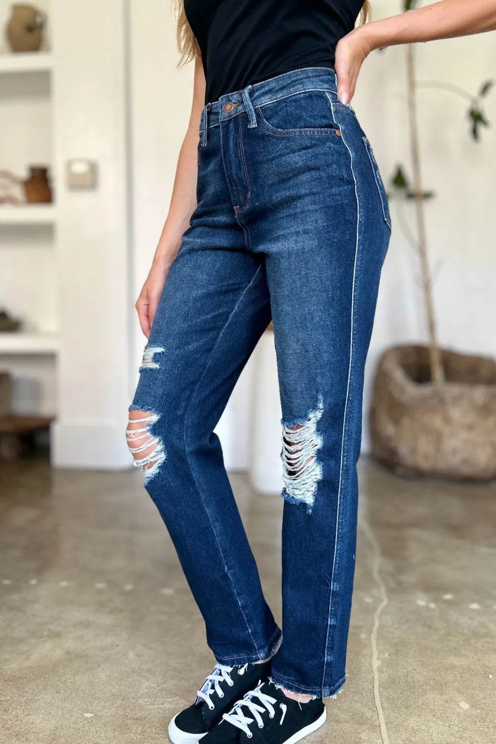 Judy Blue High Waist Rigid Magic Heavy Destroy Straight Jeans 88819 - Rosa Apparel