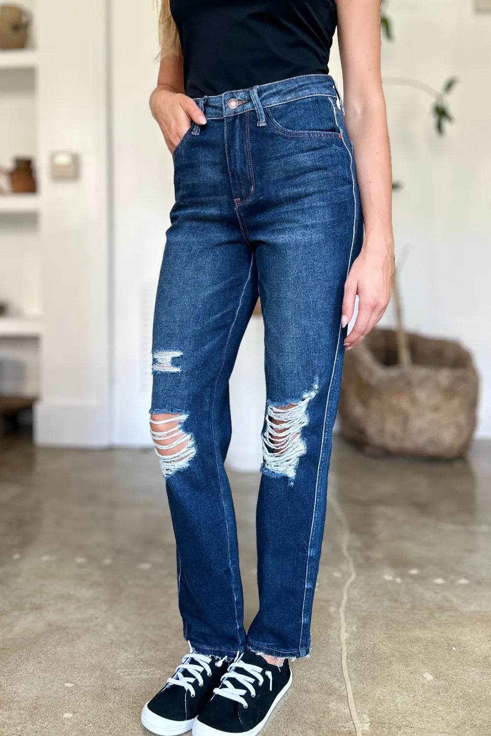 Judy Blue High Waist Rigid Magic Heavy Destroy Straight Jeans 88819 - Rosa Apparel