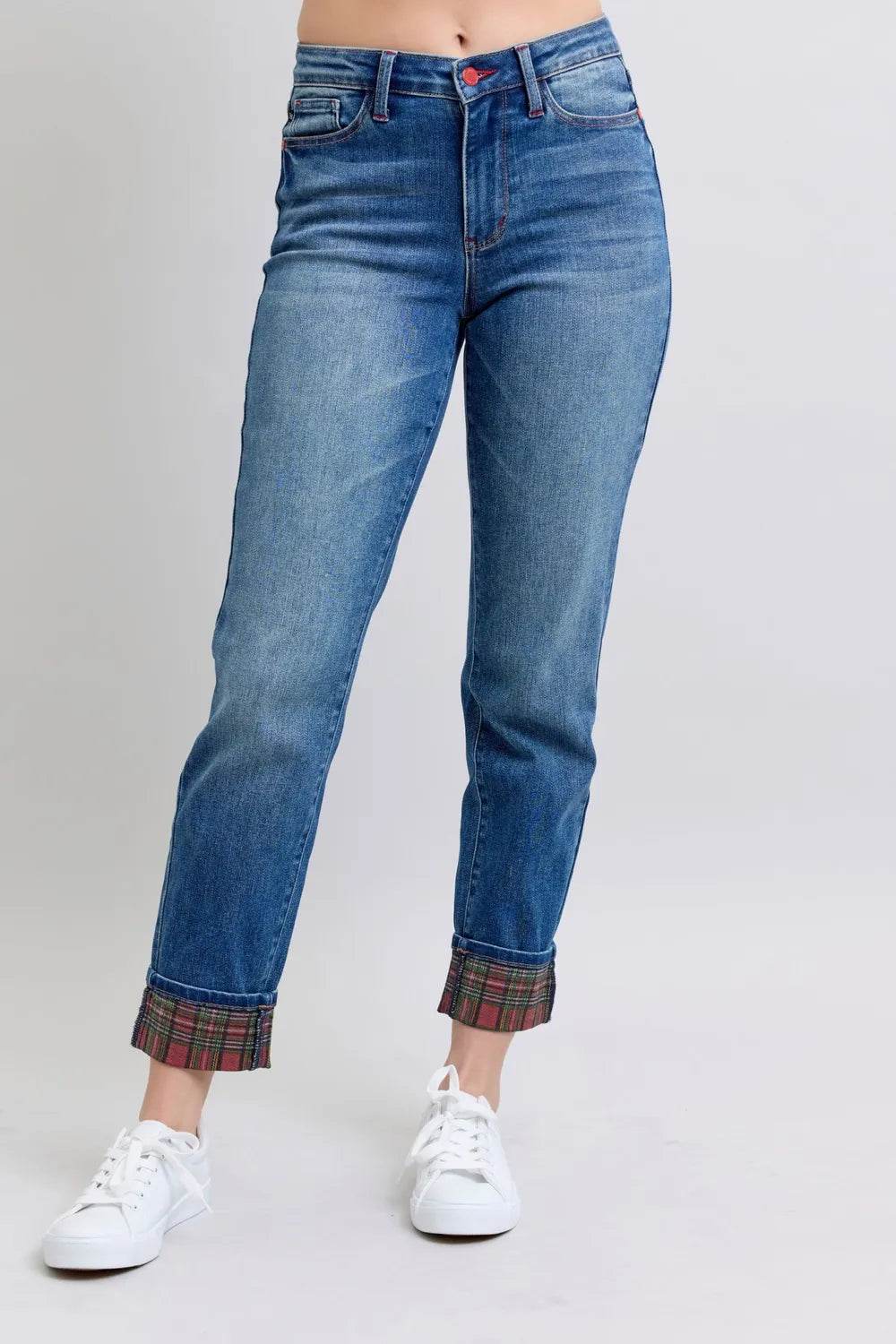 Judy Blue Plaid Print Cuff Straight Leg Jeans with Pockets 88877 - Rosa Apparel