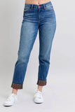 Judy Blue Plaid Print Cuff Straight Leg Jeans with Pockets 88877 - Rosa Apparel
