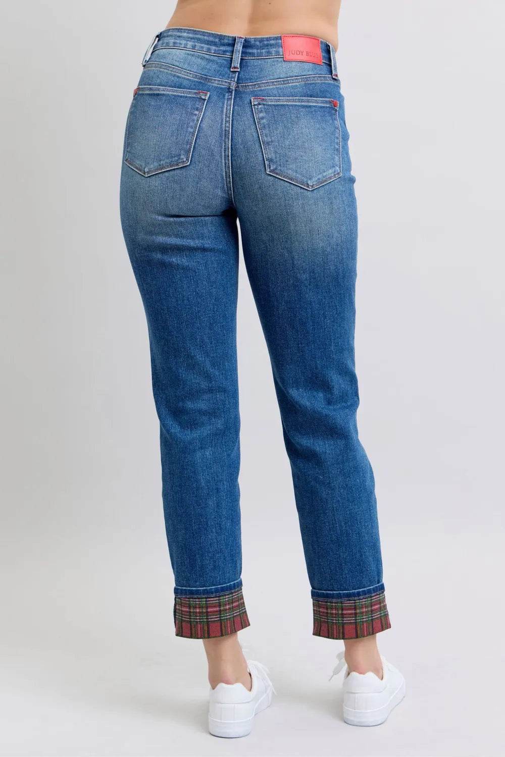 Judy Blue Plaid Print Cuff Straight Leg Jeans with Pockets 88877 - Rosa Apparel