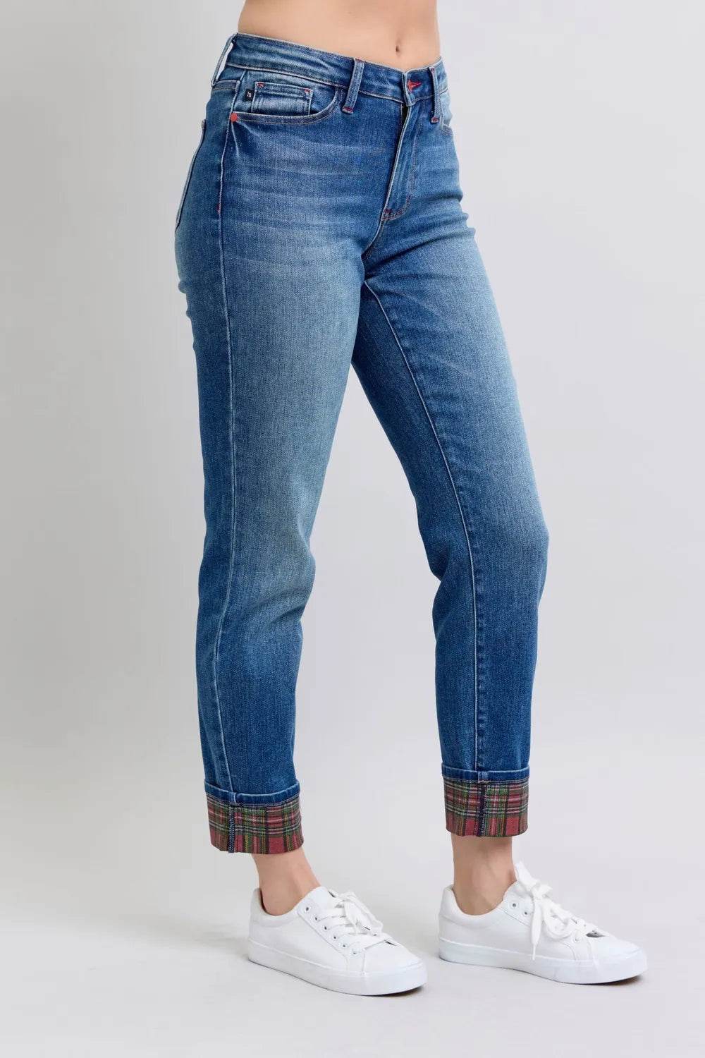 Judy Blue Plaid Print Cuff Straight Leg Jeans with Pockets 88877 - Rosa Apparel