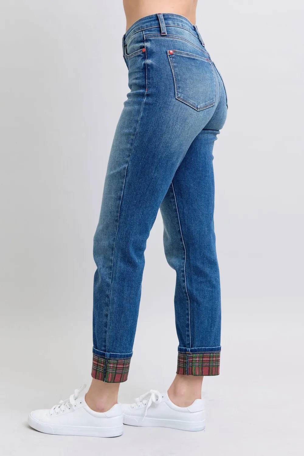 Judy Blue Plaid Print Cuff Straight Leg Jeans with Pockets 88877 - Rosa Apparel