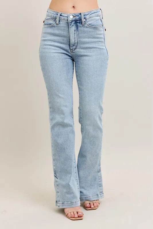 Judy Blue Full Size Tummy Control Vintage Wash Side Slit Slim Boot Jeans Plus Size - Rosa Apparel