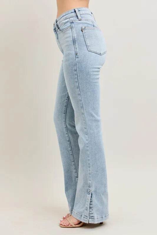 Judy Blue Full Size Tummy Control Vintage Wash Side Slit Slim Boot Jeans Plus Size - Rosa Apparel