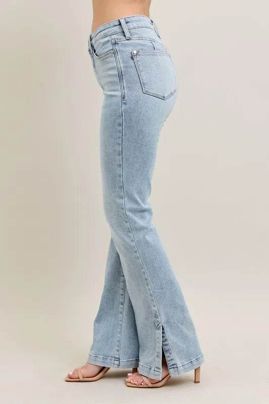 Judy Blue Full Size Tummy Control Vintage Wash Side Slit Slim Boot Jeans Plus Size - Rosa Apparel