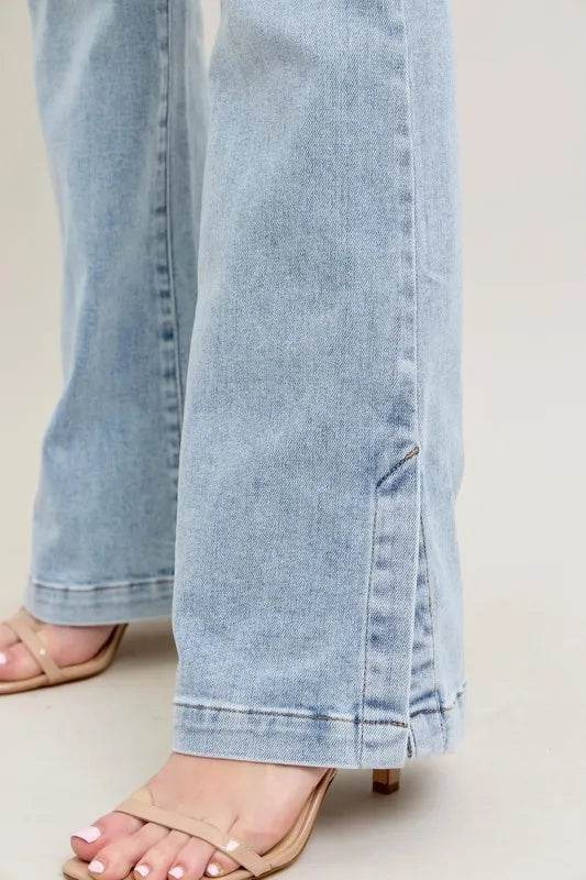 Judy Blue Full Size Tummy Control Vintage Wash Side Slit Slim Boot Jeans Plus Size - Rosa Apparel