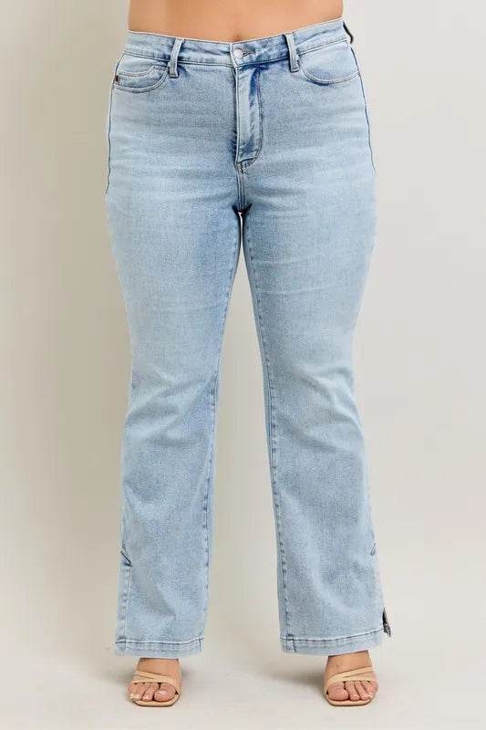Judy Blue Full Size Tummy Control Vintage Wash Side Slit Slim Boot Jeans Plus Size - Rosa Apparel