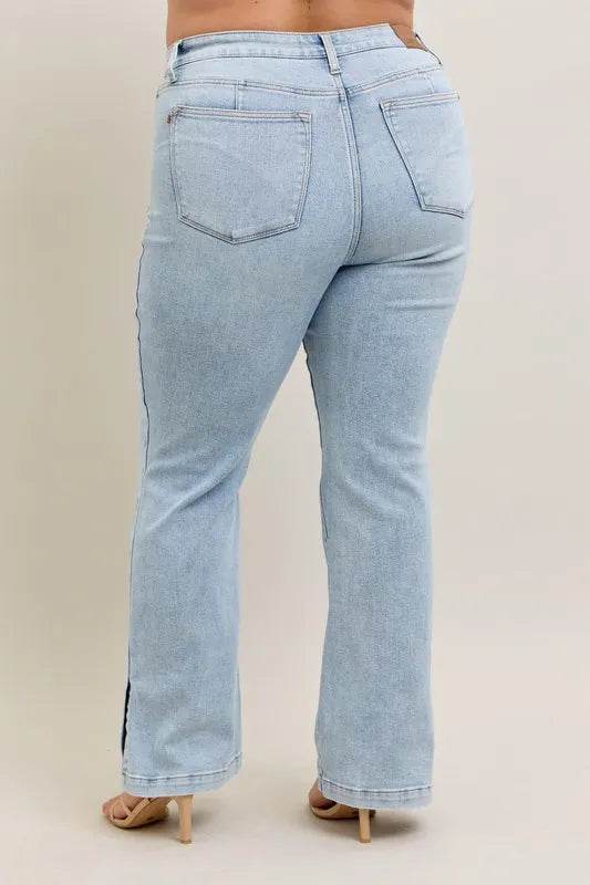 Judy Blue Full Size Tummy Control Vintage Wash Side Slit Slim Boot Jeans Plus Size - Rosa Apparel